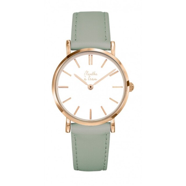 Menthe à l'eau - Coffret Montre Véritable Femme et Homme Bracelet Cuir Vert fond