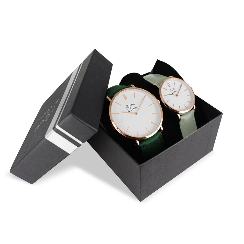 coffret montre veritable femme et homme bracelet cuir vert fond blanc rose doree Menthe à l'eau - Coffret Montre Véritable Femme et Homme Bracelet Cuir Vert fond