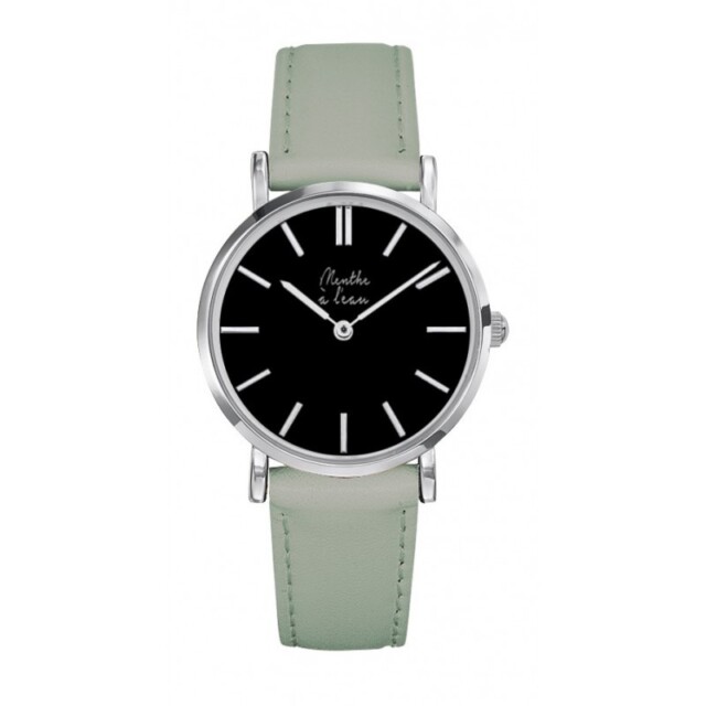 Menthe à l'eau - Coffret Montre Véritable Femme et Homme Bracelet Cuir Vert fond noir