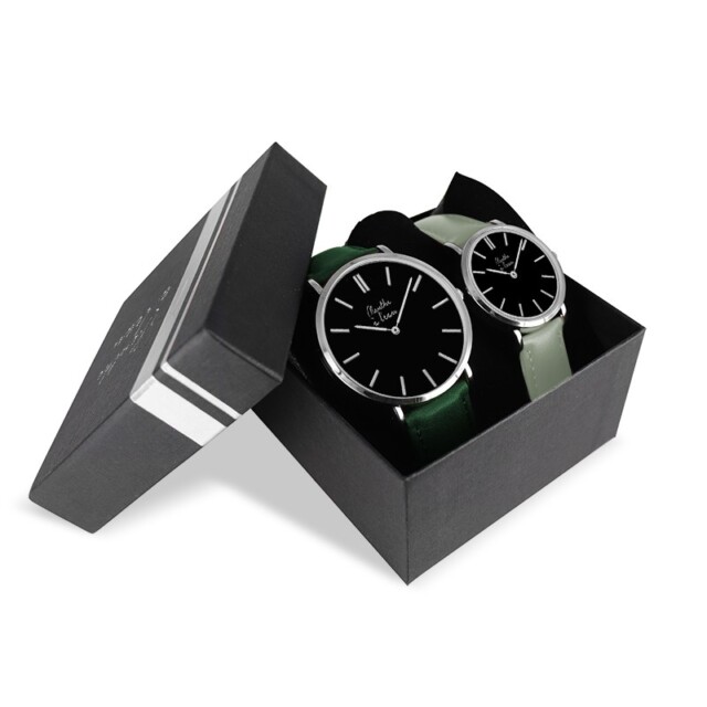 Menthe à l’eau - Coffret Montre Véritable Femme et Homme Bracelet Cuir Vert fond noir