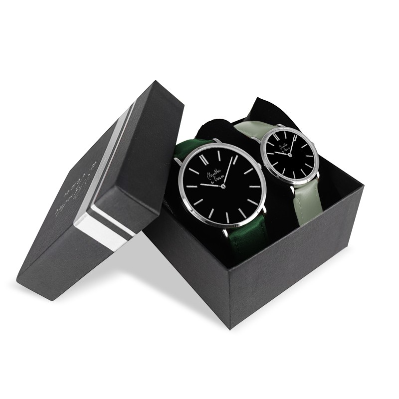 coffret montre veritable femme et homme bracelet cuir vert fond noir chrome Menthe à l'eau - Coffret Montre Véritable Femme et Homme Bracelet Cuir Vert fond noir
