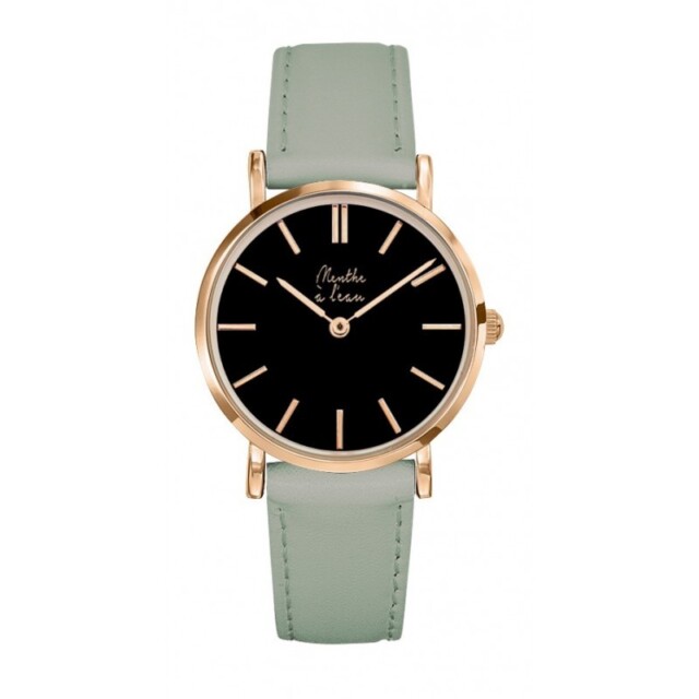 Menthe à l'eau - Coffret Montre Véritable Femme et Homme Bracelet Cuir Vert fond noir