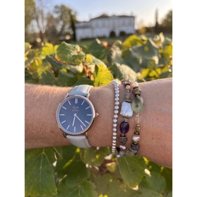 Menthe à l'eau - Coffret Montre Véritable Femme et Homme Bracelet Cuir Vert fond noir