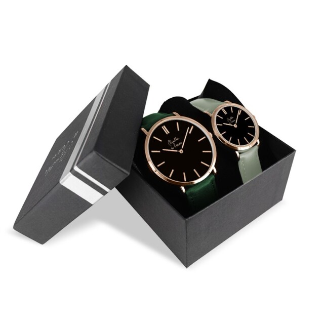 Coffret Montre Véritable Femme et Homme Bracelet Cuir Vert fond noir par la marque Menthe à l’eau Menthe à l’eau - Coffret Montre Véritable Femme et Homme Bracelet Cuir Vert fond noir