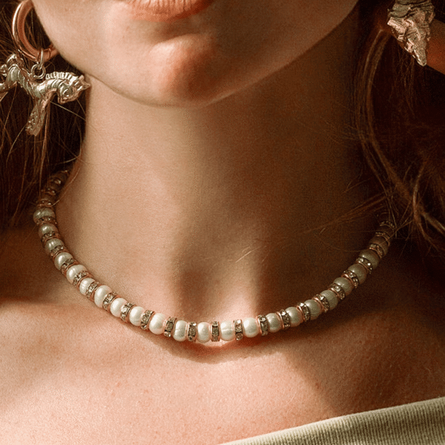 NEIJE - Parure Collier & Bracelet Perles de Culture Blanches avec Diamants - Madame Bovary – L (poignet de 17 à 19 cm) / 50 cm + extension de 5 cm