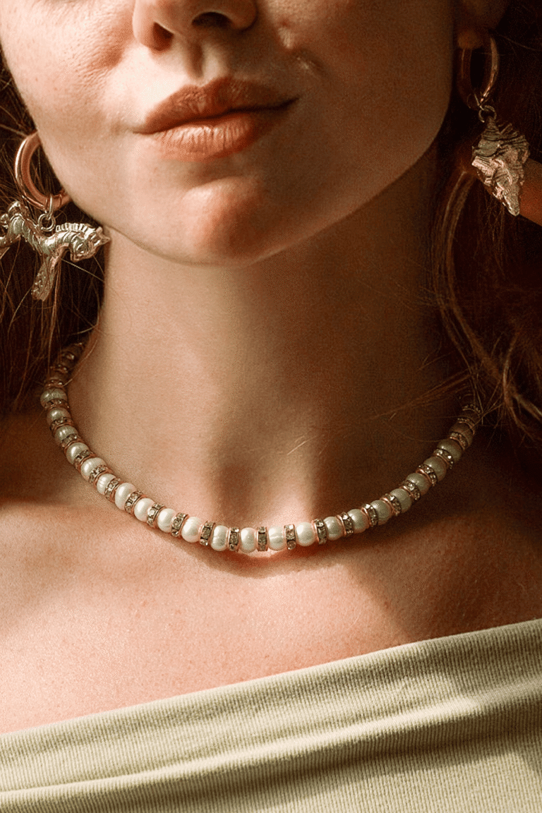 NEIJE - Parure Collier & Bracelet Perles de Culture Blanches avec Diamants - Madame Bovary – L (poignet de 17 à 19 cm) / 50 cm + extension de 5 cm