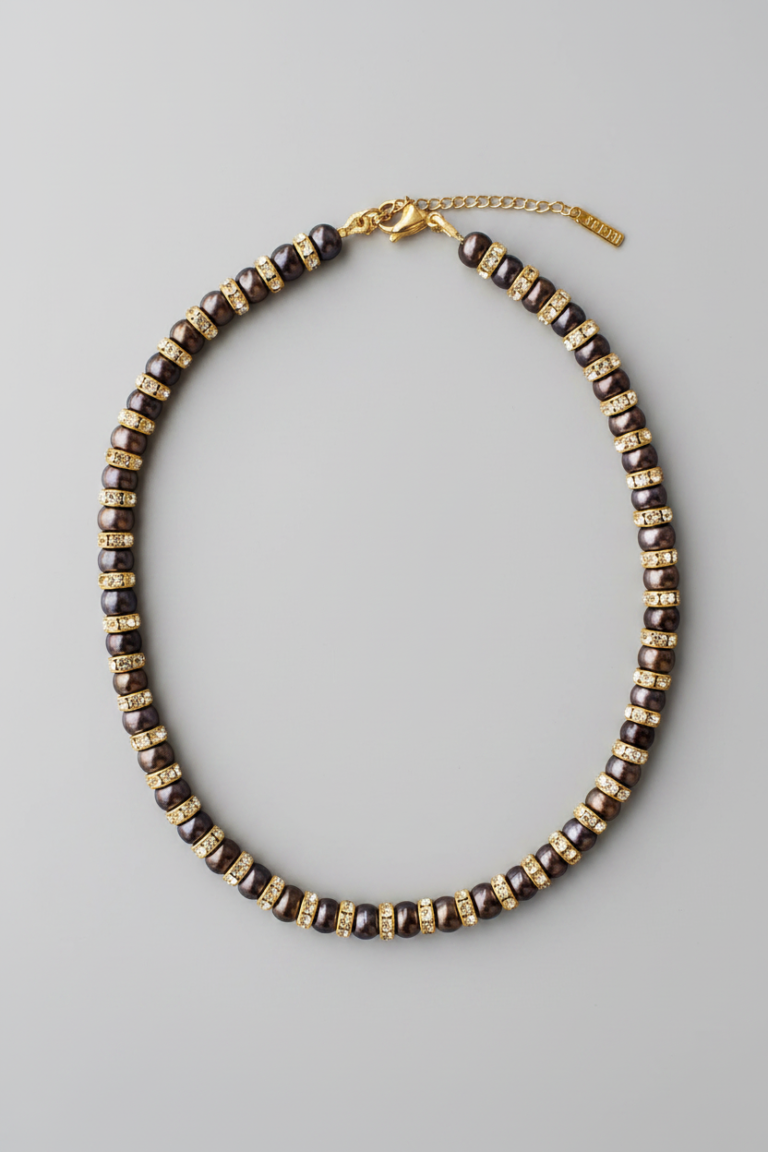 NEIJE - Parure Collier & Bracelet Perles de Culture Noires avec Diamants - Madame Bovary – L (poignet de 17 à 19 cm) / 50 cm + extension de 5 cm