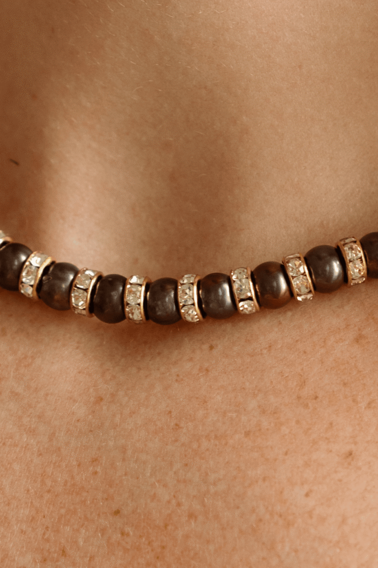 NEIJE - Parure Collier & Bracelet Perles de Culture Noires avec Diamants - Madame Bovary – L (poignet de 17 à 19 cm) / 50 cm + extension de 5 cm