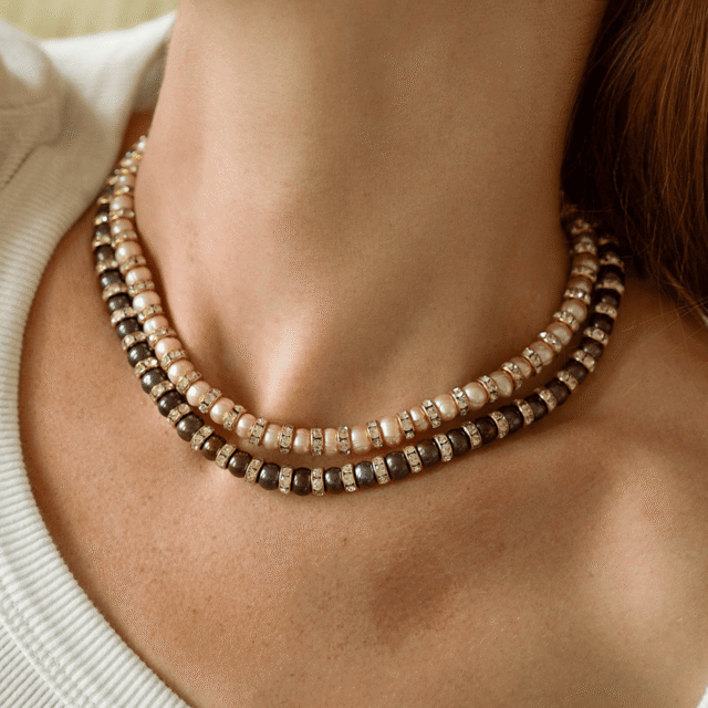 NEIJE - Parure Collier & Bracelet Perles de Culture Roses avec Diamants - Madame Bovary – L (poignet de 17 à 19 cm) / 50 cm + extension de 5 cm