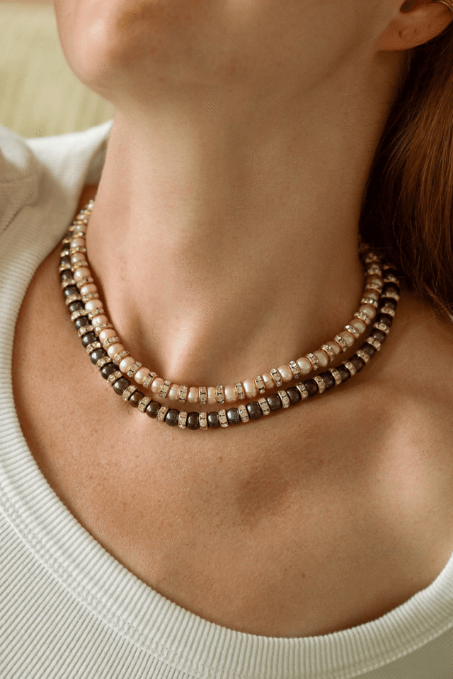 NEIJE - Parure Collier & Bracelet Perles de Culture Roses avec Diamants - Madame Bovary – L (poignet de 17 à 19 cm) / 50 cm + extension de 5 cm