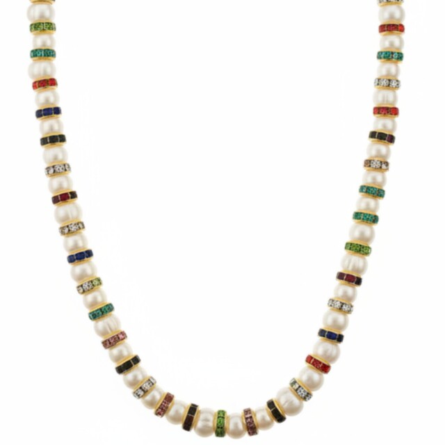 NEIJE - Parure Collier & Bracelet Perles de Culture Blanches avec Diamants Multicolores - Madame Bovary – L (poignet de 17 à 19 cm) / 50 cm + extension de 5 cm