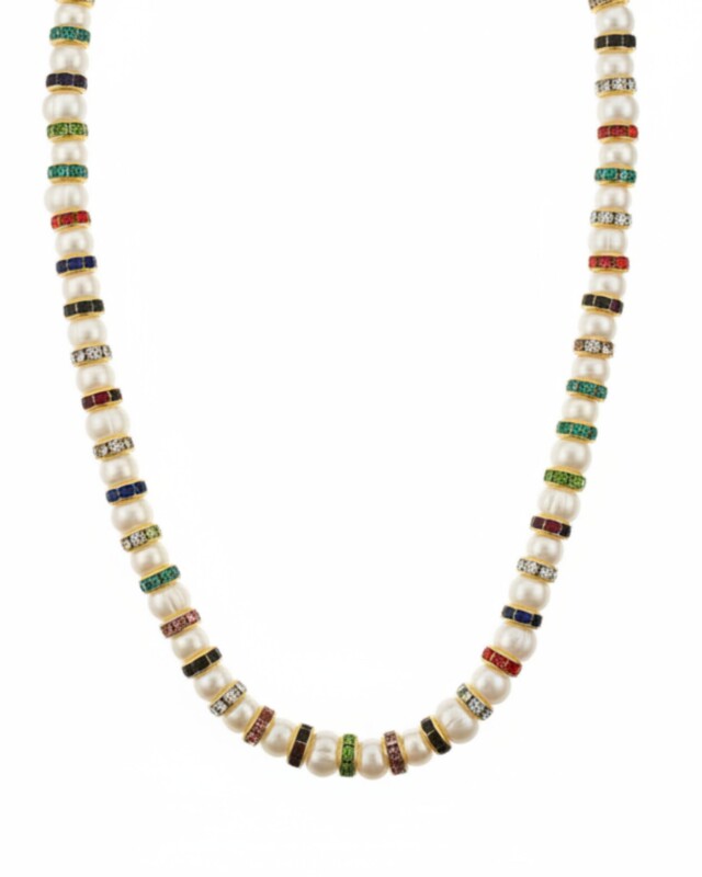 NEIJE - Parure Collier & Bracelet Perles de Culture Blanches avec Diamants Multicolores - Madame Bovary – L (poignet de 17 à 19 cm) / 50 cm + extension de 5 cm