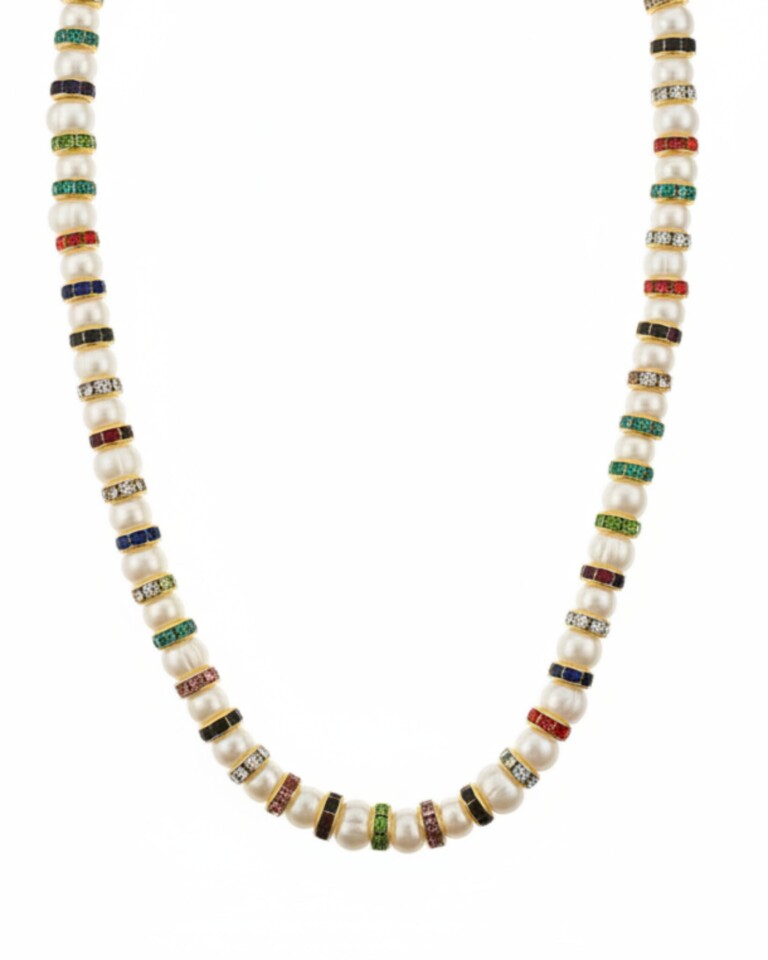 NEIJE - Parure Collier & Bracelet Perles de Culture Blanches avec Diamants Multicolores - Madame Bovary – L (poignet de 17 à 19 cm) / 50 cm + extension de 5 cm
