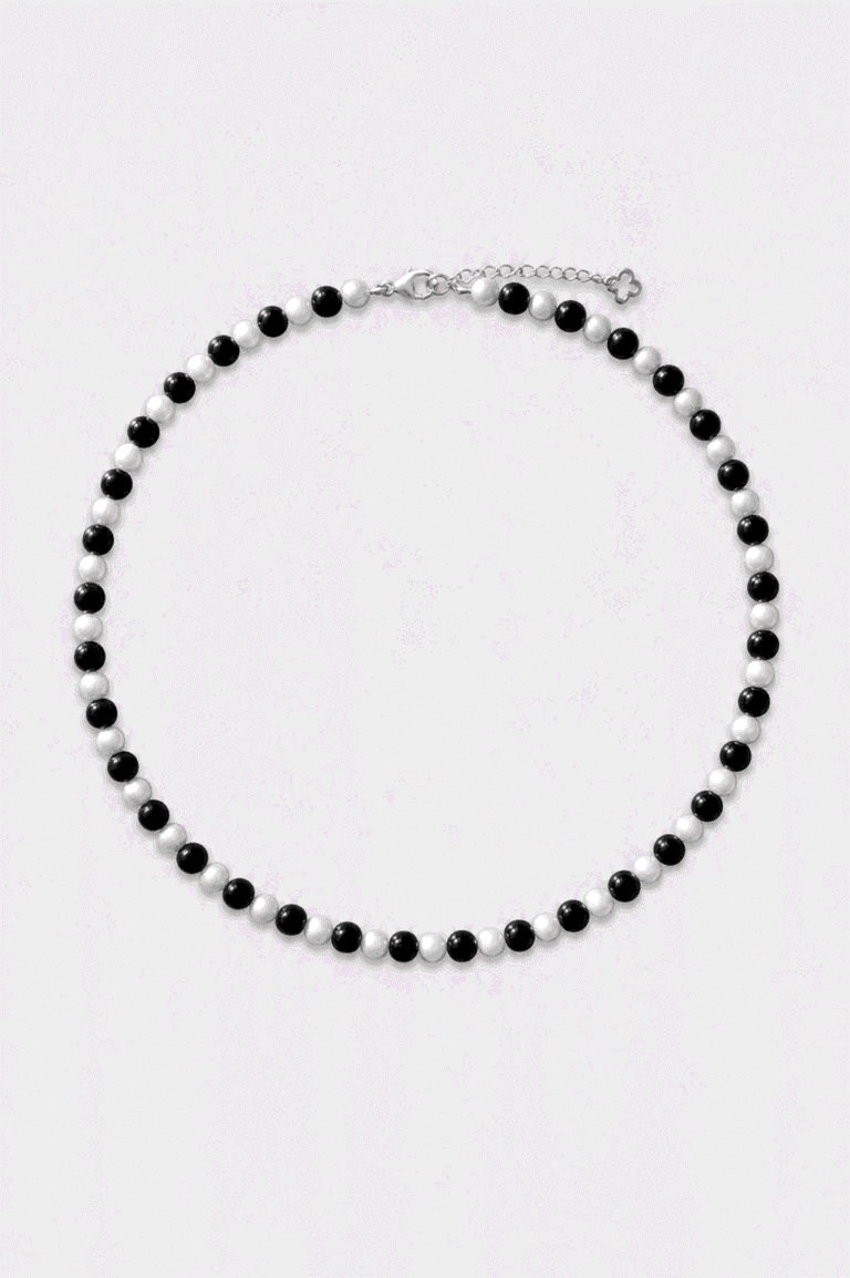 NEIJE - Collier Architectural Perles d'eau douce Onyx et Argent 925 – 50 cm + extension de 5 cm