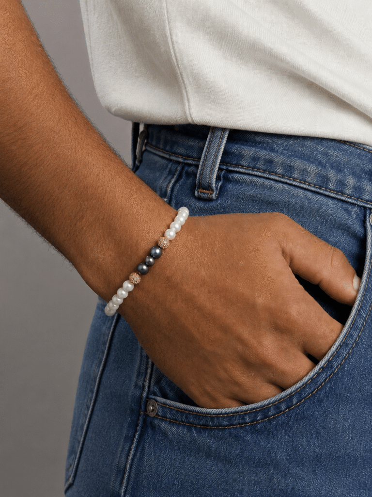 NEIJE - Bracelet Eclipse Perles d'eau douce & Perles Noires - Or Jaune – XL (poignet de 19 à 21 cm)