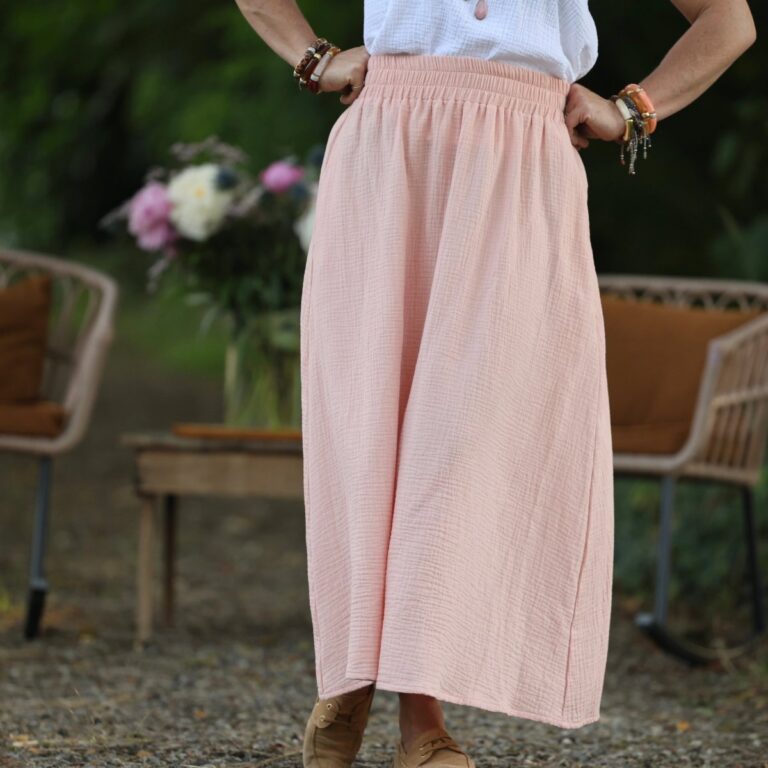 Quintessence - Jupe Tao — Double gaze de coton rose poudré et fine rayure dorée – XXXL