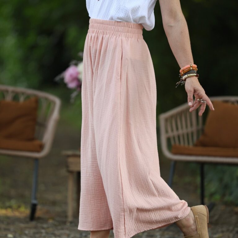 Quintessence - Jupe Tao — Double gaze de coton rose poudré et fine rayure dorée – XXXL