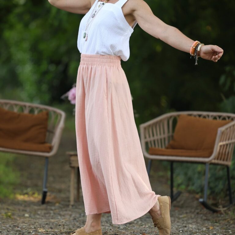 Quintessence - Jupe Tao — Double gaze de coton rose poudré et fine rayure dorée – XXXL