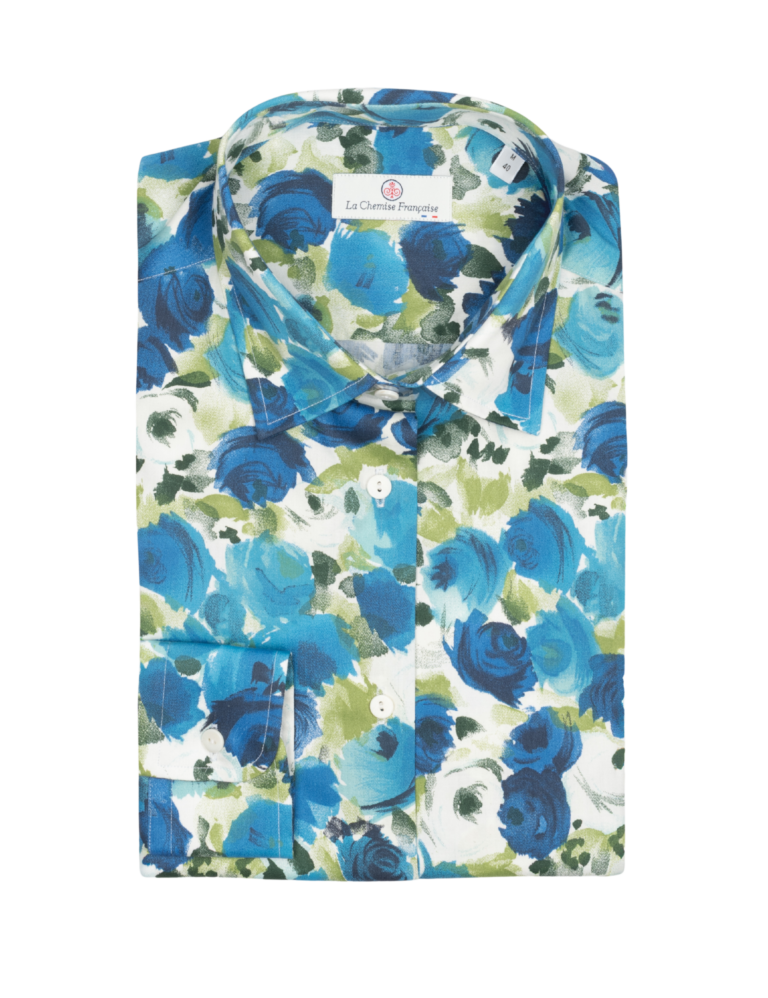 la chemise francaise chemise femme roseraie bleue pliee La Chemise Française - Chemisier Roseraie Bleue – 46