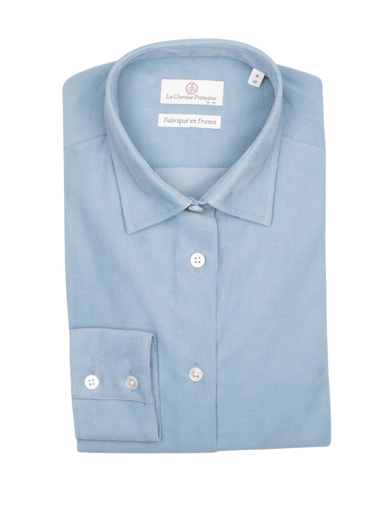 la chemise francaise chemise femme velours milleraies bleu argile pliee La Chemise Française - Chemisier Velours Milleraies Bleu Argile – 46