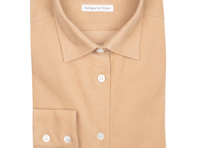 la chemise francaise chemise femme velours milleraies camel pliee La Chemise Française - Chemisier Velours Milleraies Camel – 46