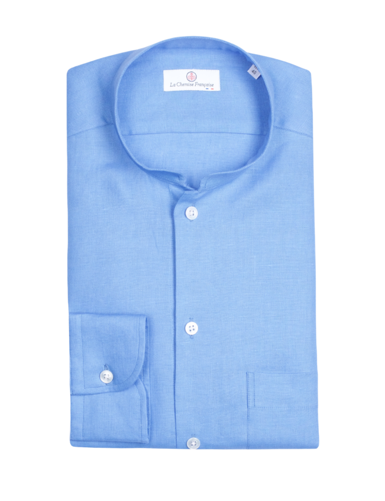 la chemise francaise chemise homme lin normand col mao bleu azur pliee La Chemise Française - Chemise Lin Normand Bleu Azur - Col Mao – XL