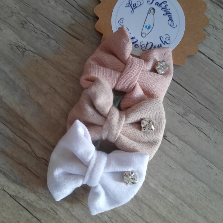 La Fabrique A DeDeuh - Lot de 3 Barrettes strass nœud 4cm – Blanc/Beige/rose pale / Clip