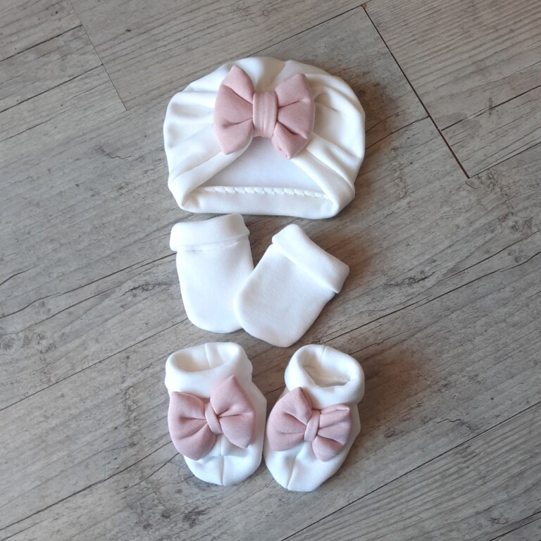 La Fabrique A DeDeuh - Ensemble Turban blanc cassé nœud rose + moufle + chausson assortis. tissus chaud ou fin au choix – 9.12 mois / tissu chaud hiver