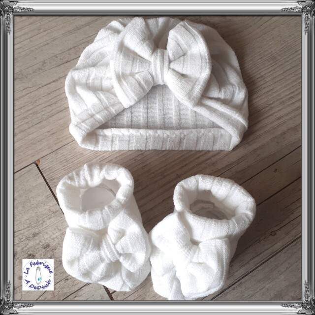 La Fabrique A DeDeuh - Turban bonnet noeud + chaussons assortis en tissu maille extensible: 8 couleurs – 9.12 mois