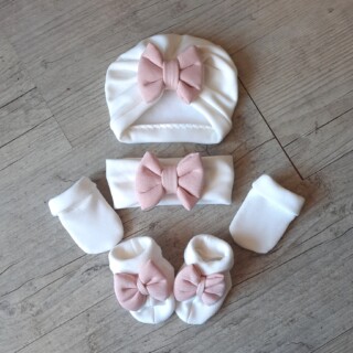 La Fabrique À DeDeuh - Ensemble Turban blanc cassé nœud rose + moufles + bandeau + chaussons assortis. tissu chaud ou fin au choix