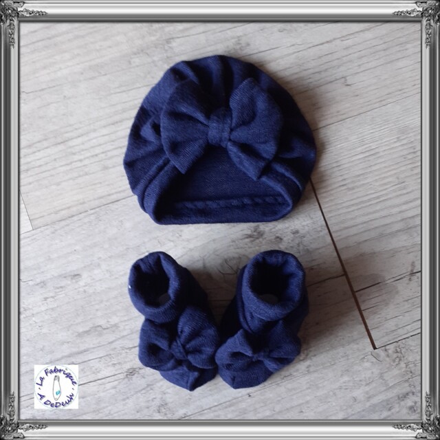 La Fabrique A DeDeuh - Ensemble Turban noeud + moufles + bandeau + chaussons assortis. tissu jersey de coton – 9.12 mois / Turban+moufles