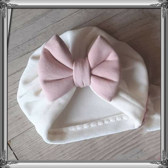 La Fabrique À DeDeuh - Turban bonnet blanc cassé nœud, buns ou tourbillon rose: tissu fin ou chaud au choix