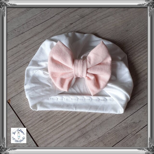 La Fabrique A DeDeuh - Turban bébé blanc cassé noeud rose +chaussons assortis. Tissu fin ou chaud au choix – 9.12 mois / tissu chaud hiver