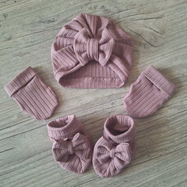 La Fabrique A DeDeuh - Turban côtelé noeud+chaussons assortis + moufles. Tissu jersey de coton à côte – 9.12 mois / Turban + moufles