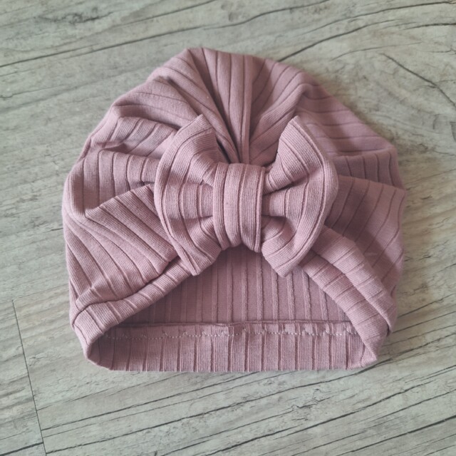 La Fabrique A DeDeuh - Turban côtelé noeud+chaussons assortis + moufles. Tissu jersey de coton à côte – 9.12 mois / Turban + moufles