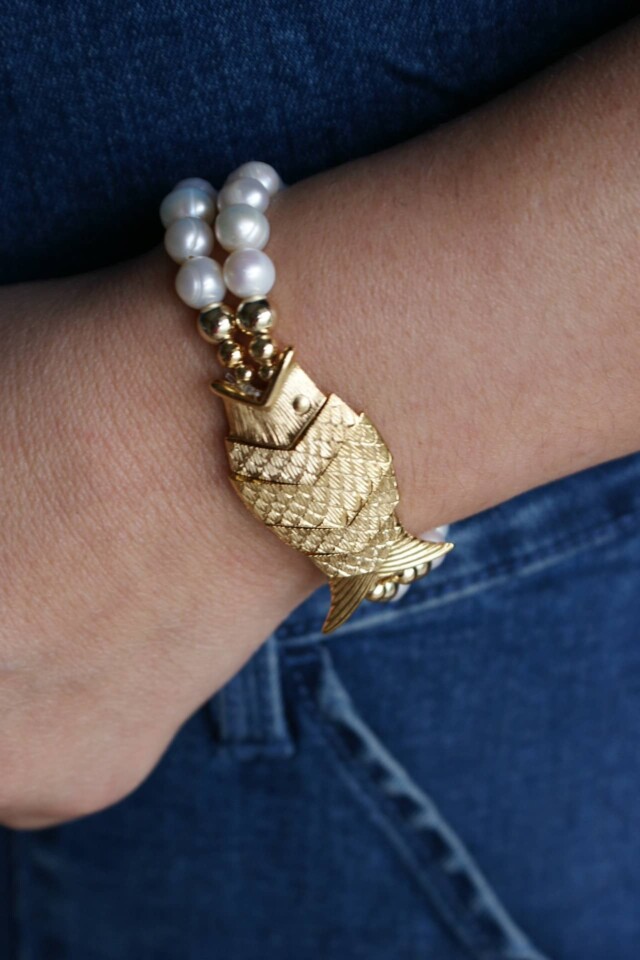 NEIJE - Bracelet Poisson Gefilte Perles de Culture Blanches et Or – L (poignet de 17 à 19 cm)