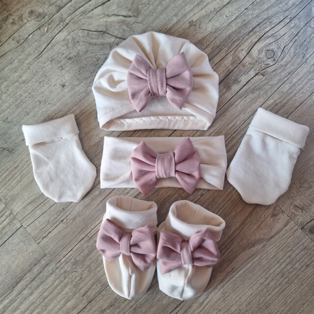 La Fabrique A DeDeuh - Ensemble Turban blanc cassé nœud rose + moufles + bandeau + chaussons assortis. tissu chaud ou fin au choix – 9.12 mois / tissu chaud hiver