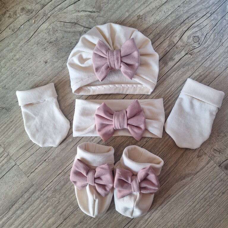 La Fabrique A DeDeuh - Ensemble Turban blanc cassé nœud rose + moufles + bandeau + chaussons assortis. tissu chaud ou fin au choix – 9.12 mois / tissu chaud hiver / Turban+Bandeau+Chausson