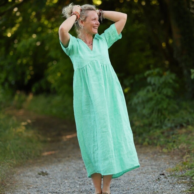 Quintessence - Robe Édonie — Lin vert chiné peps – XXL