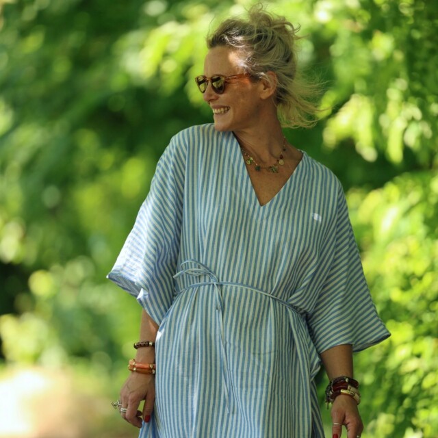 Quintessence - Robe Joanne — Double gaze de coton rayée bleu – Taille unique