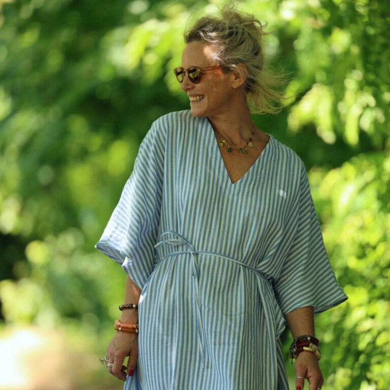 Quintessence - Robe Joanne — Double gaze de coton rayée bleu – Taille unique