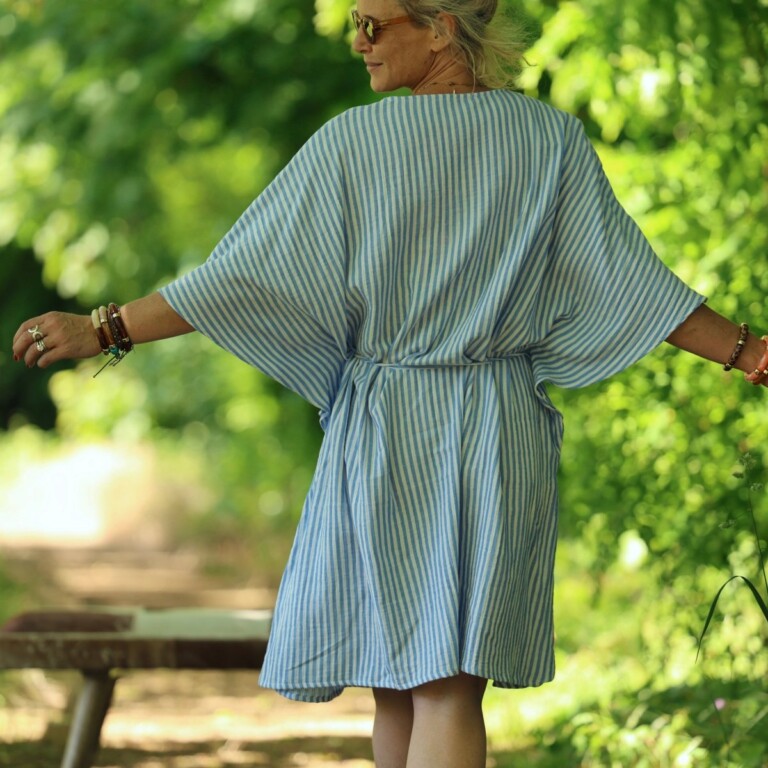 Quintessence - Robe Joanne — Double gaze de coton rayée bleu – Taille unique