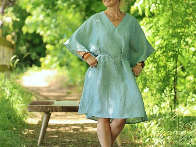 robe joanne lin bleu chine pacifique 4404564 Quintessence - Robe Joanne — Lin bleu chiné pacifique – Taille unique