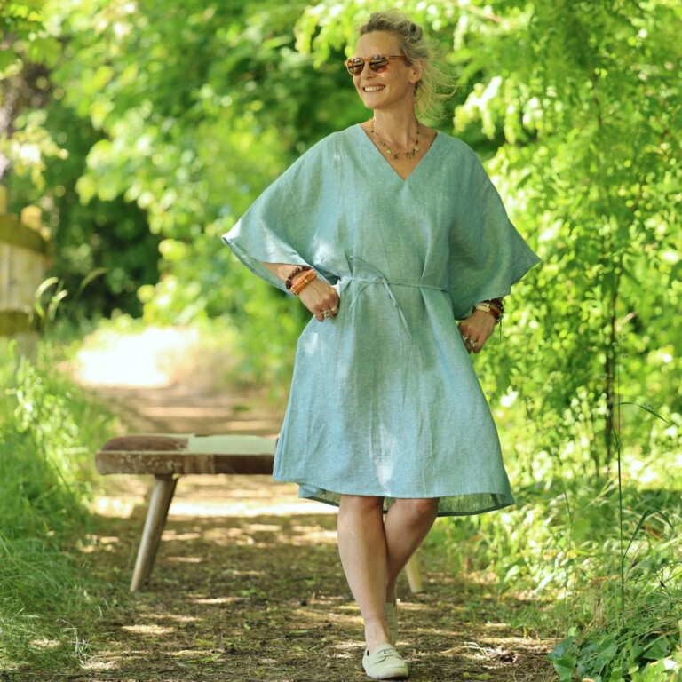 robe joanne lin bleu chine pacifique 4404564 Quintessence - Robe Joanne — Lin bleu chiné pacifique – Taille unique