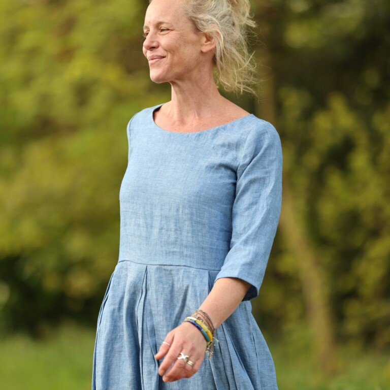 Quintessence - Robe Louisa manches 3/4 – Lin chiné denim – XS