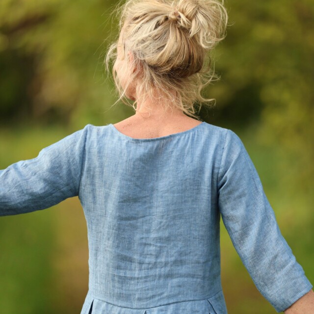 Quintessence - Robe Louisa manches 3/4 – Lin chiné denim – XL