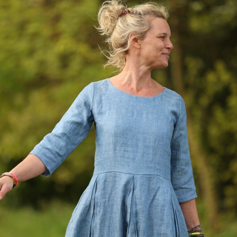 Quintessence - Robe Louisa manches 3/4 – Lin chiné denim – XS