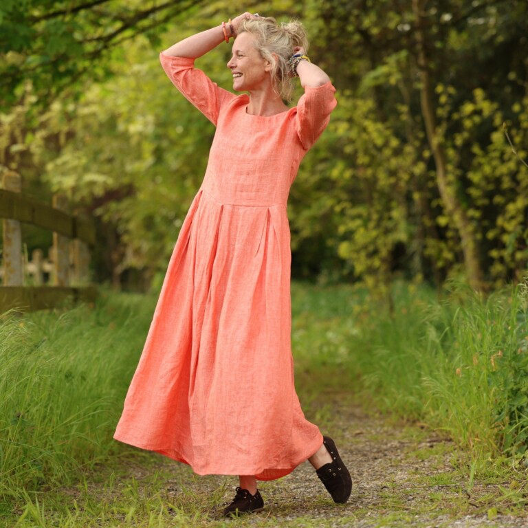 Quintessence - Robe Louisa manches 3/4 – Lin chiné orange pep's – XXL