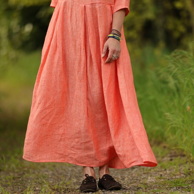Quintessence - Robe Louisa manches 3/4 – Lin chiné orange pep's – XXL
