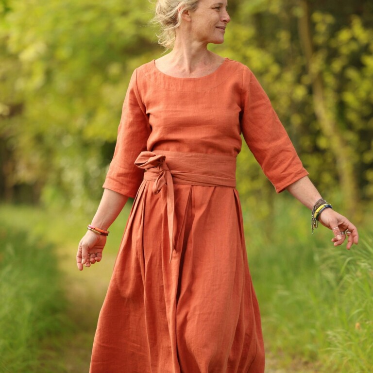 Quintessence - Robe Louisa manches 3/4 – Lin terre cuite – S